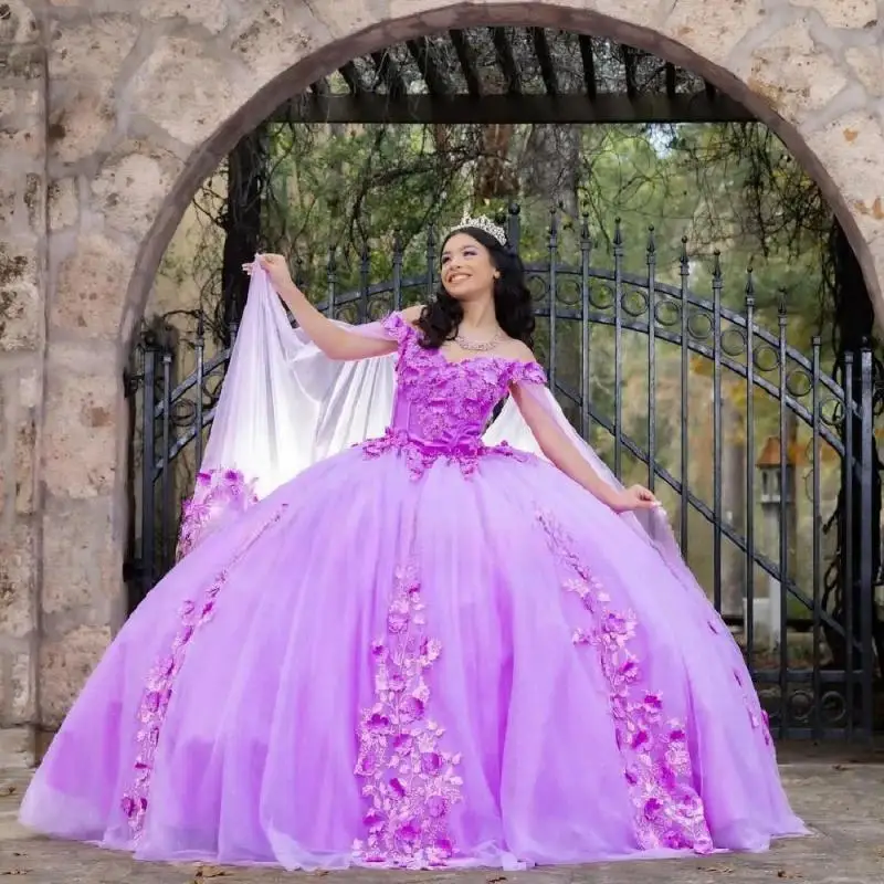 

Purple Quinceanera Dress 2025 Customized With Cape Flower Tulle Vestidos De 15 Años Sweet 15 16 Prom Dress Formal Birthday Party