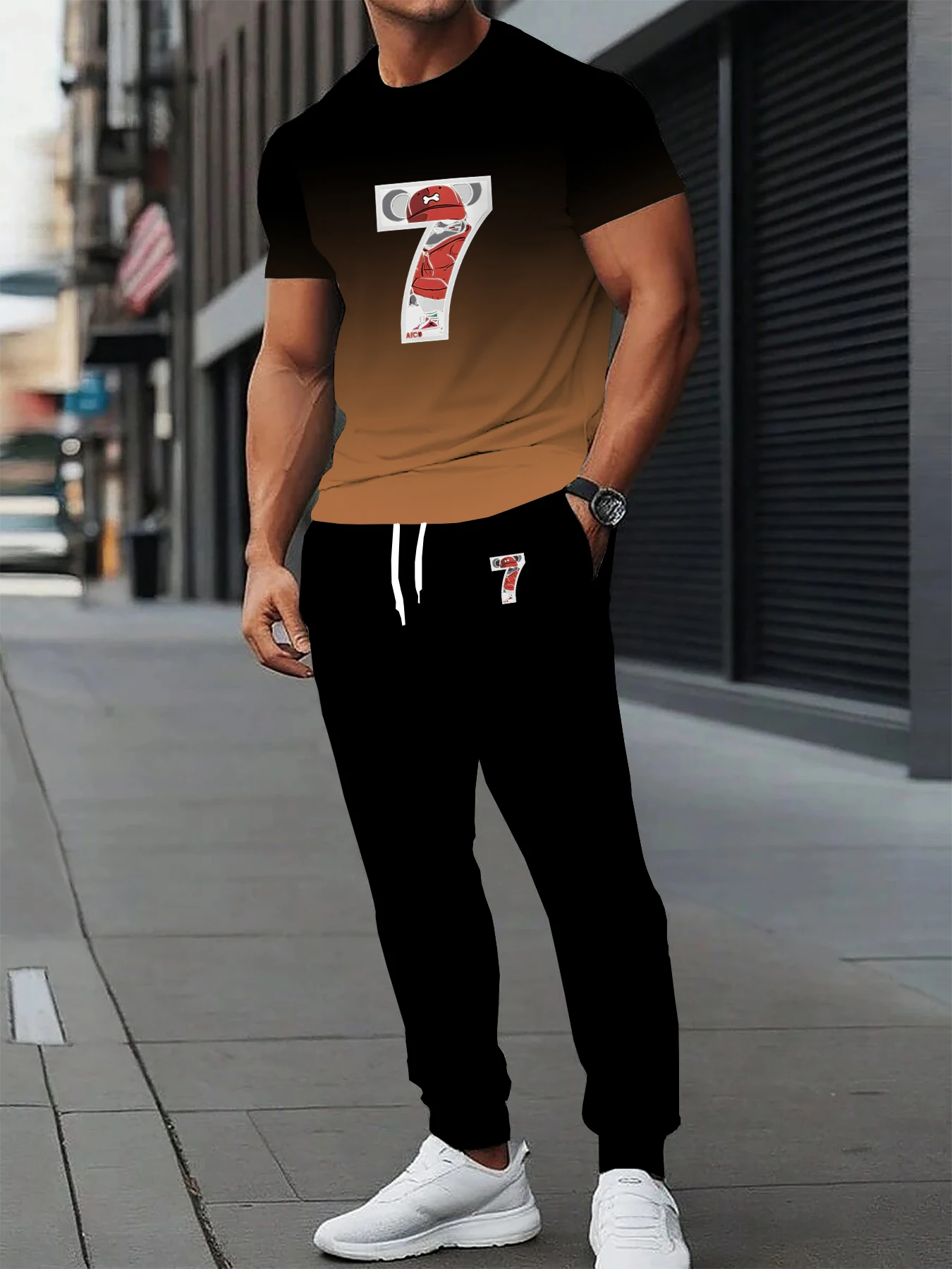 

Summer men's short sleeved T-shirt long pants 2-piece set with letter print soft and comfortable casual sports men's clothing