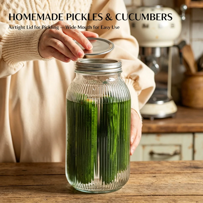 2PCS Wide-Mouth Glass Mason Jars with Screw Lids Threaded Canning Jars  for Pickles Fermented Refrigeration & Pantry Storage - view 5