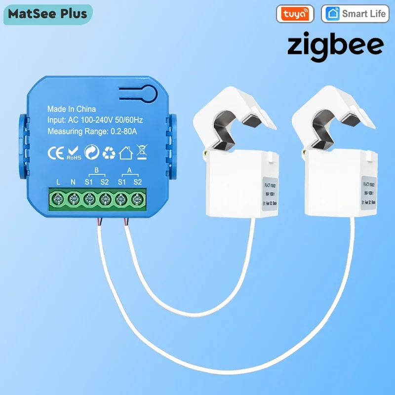 

Умный двунаправленный счетчик энергии Tuya ZigBee с зажимом CT 80A для солнечной батареи, удаленный монитор, экспортный импорт, мощность 110 В/240 В переменного тока