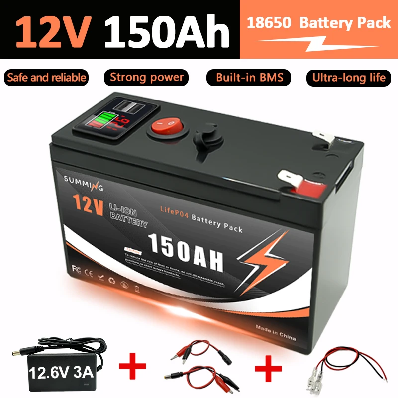 

12V 18650 Lithium Battery 150Ah LiFePO4 4000+ Deep Cycles Built-in BMS,for UPS, Kayak Fish Finder, Solar Panel,Power Wheels