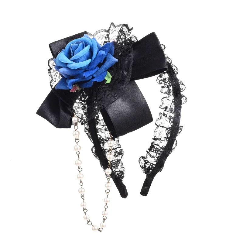 Lolita-diademas rosas florales para mujer, accesorios para el cabello con cadena de cuentas de encaje, diadema Vintage gótica