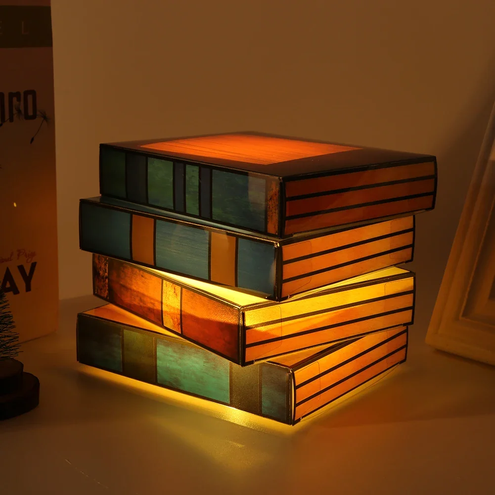 Vintage Stacked Books Lamp Decorative Handicraft Stacked Books Light Stained Glass Table Reading Light Nightstand Desk Lamps