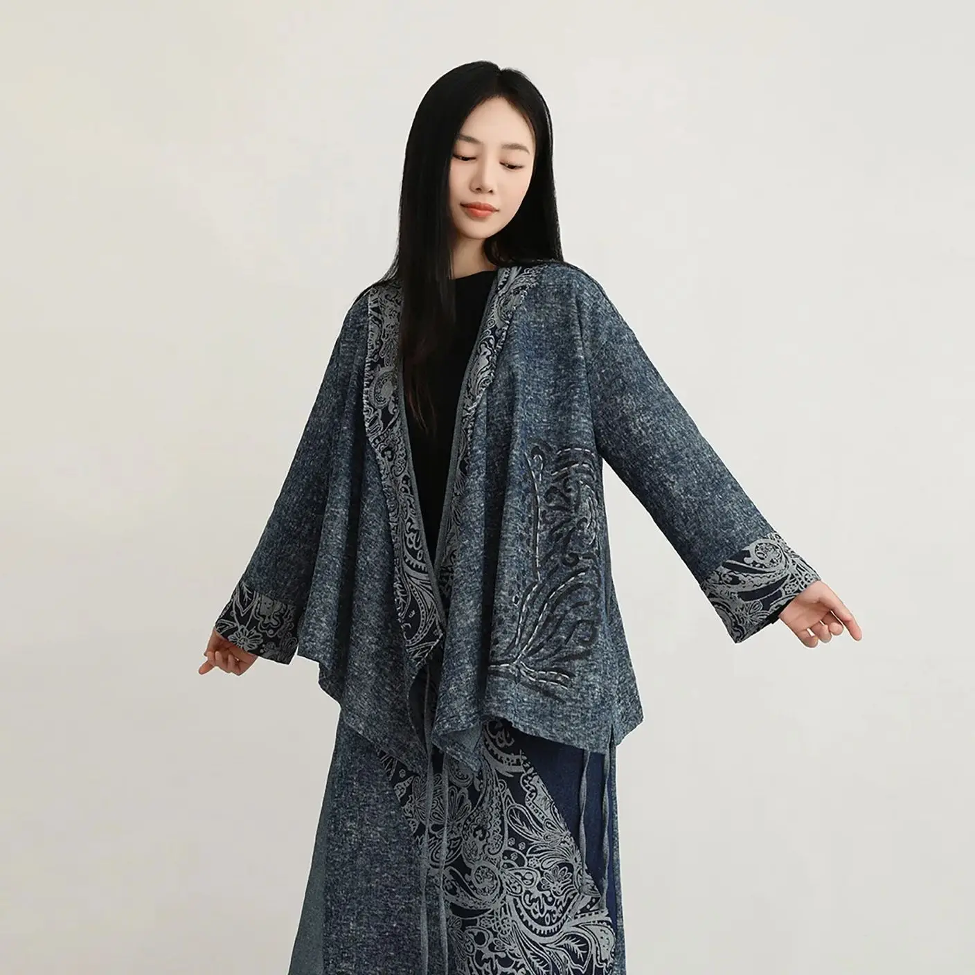 بلوزة LZJN النسائية الصينية الجديدة برباط علوي Hanfu مع طباعة عتيقة، بلوزة الربيع والخريف المتعثرة، سترة فضفاضة