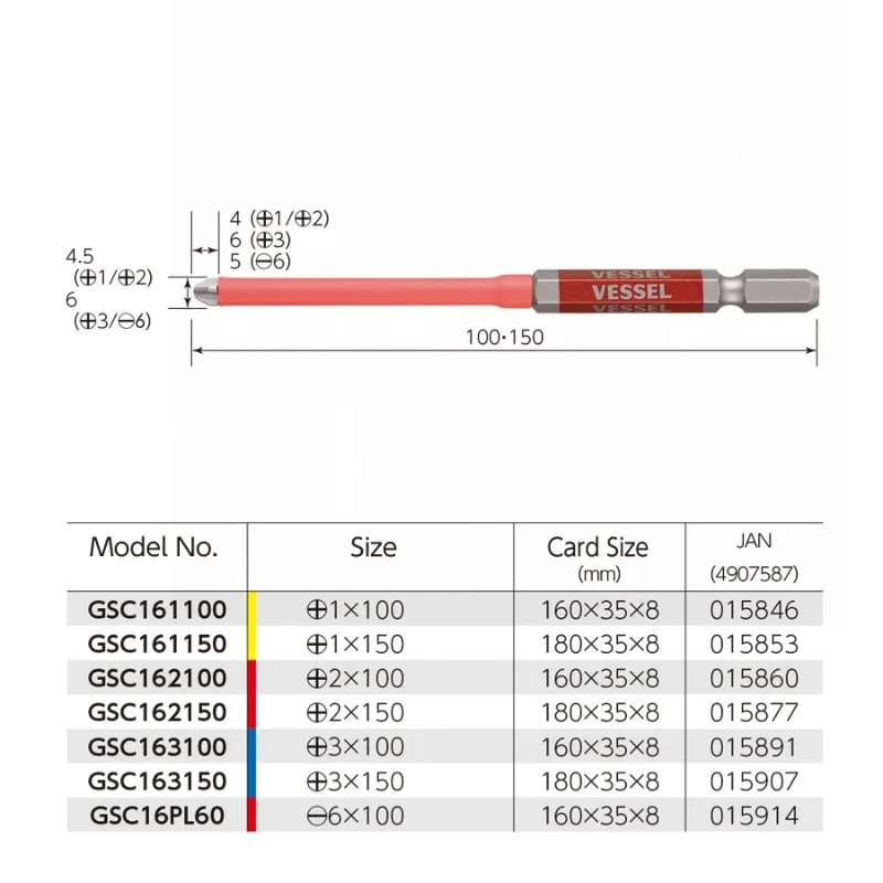 VESSEL GSC162100/USB161100 40V Electric Bit - Japanese Rigid Coated Tube, Durable, Fits Ball Joint Chuck, Power Tool Accessory