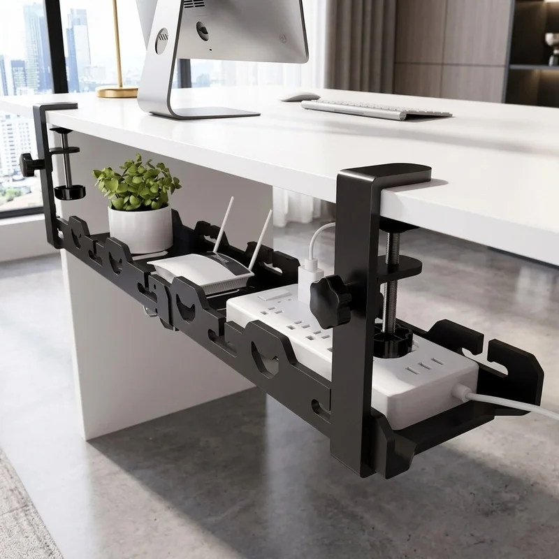 Telescopic Under Desk Cable Management Tray, Metal Wire Organizer Rack, No Drill Storage for Home Office Computer Desk