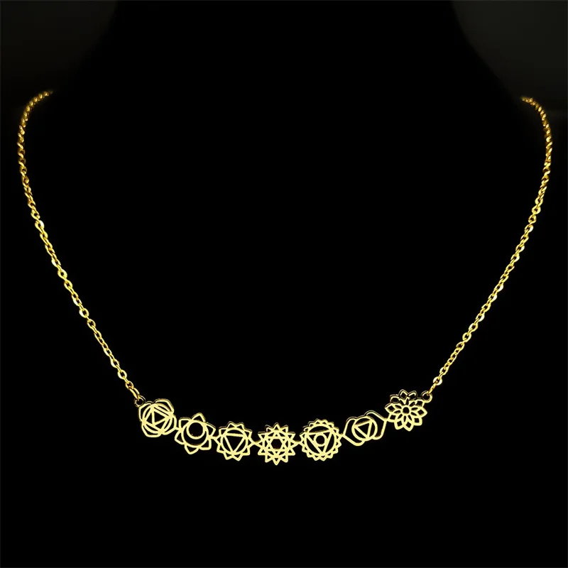 Yoga 7 Chakra Birth Flower Pendant Necklace for Women Girls Stainless Steel Gold Color Reiki Amulet Jewelry Mother's Day Gift - Image 3