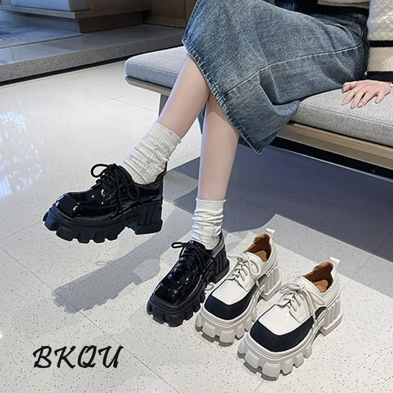 

BKQU Square Head Thick Soled Shoes Women 2024 New Increase Thick Heel Single Shoes Muffin Bottom Matching Color Strap Mary Jane