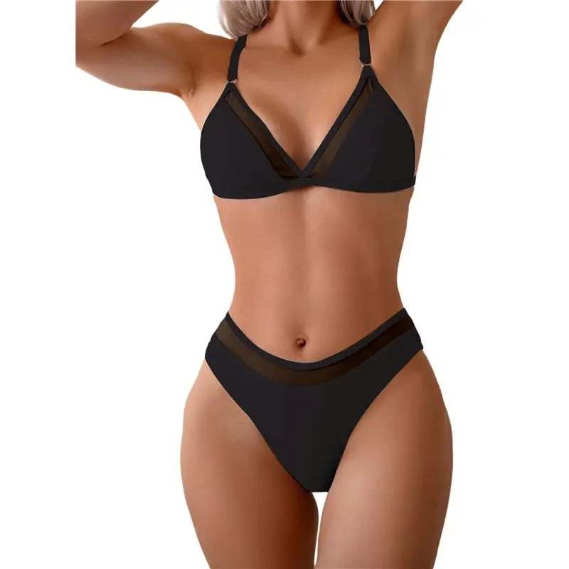 Quality Bikini Set For Women Two Piece Swimsuits V Neck Low Rise Bathing Suit Mesh Tummy Control Beachwear Trendy 2025