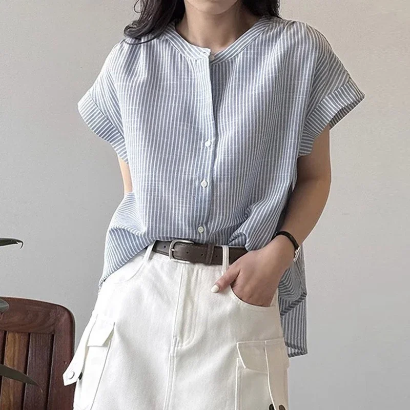 Vertical Stripe Short-sleeved Shirt Women Loose Slimming Featuring Outerwear Top Button Down Blouse Striped Oversized Shirt Casu