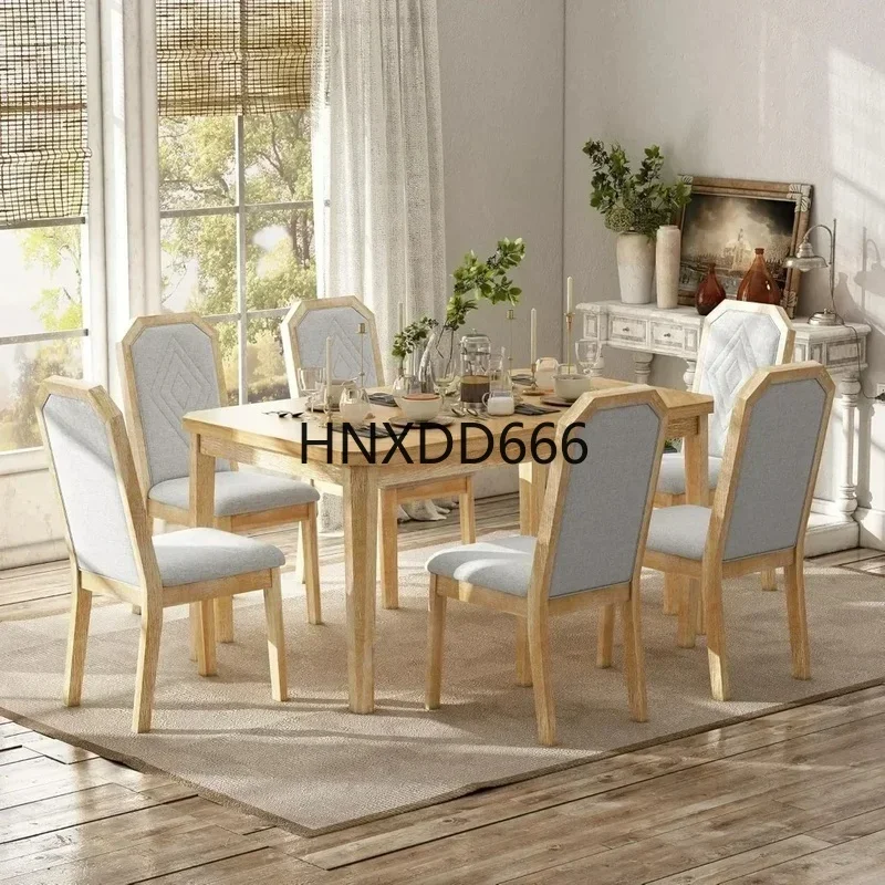 Rustic Wooden Dining Table Set with 6 High-Back Tufted Chairs for Kitchen and Dining Room Furniture