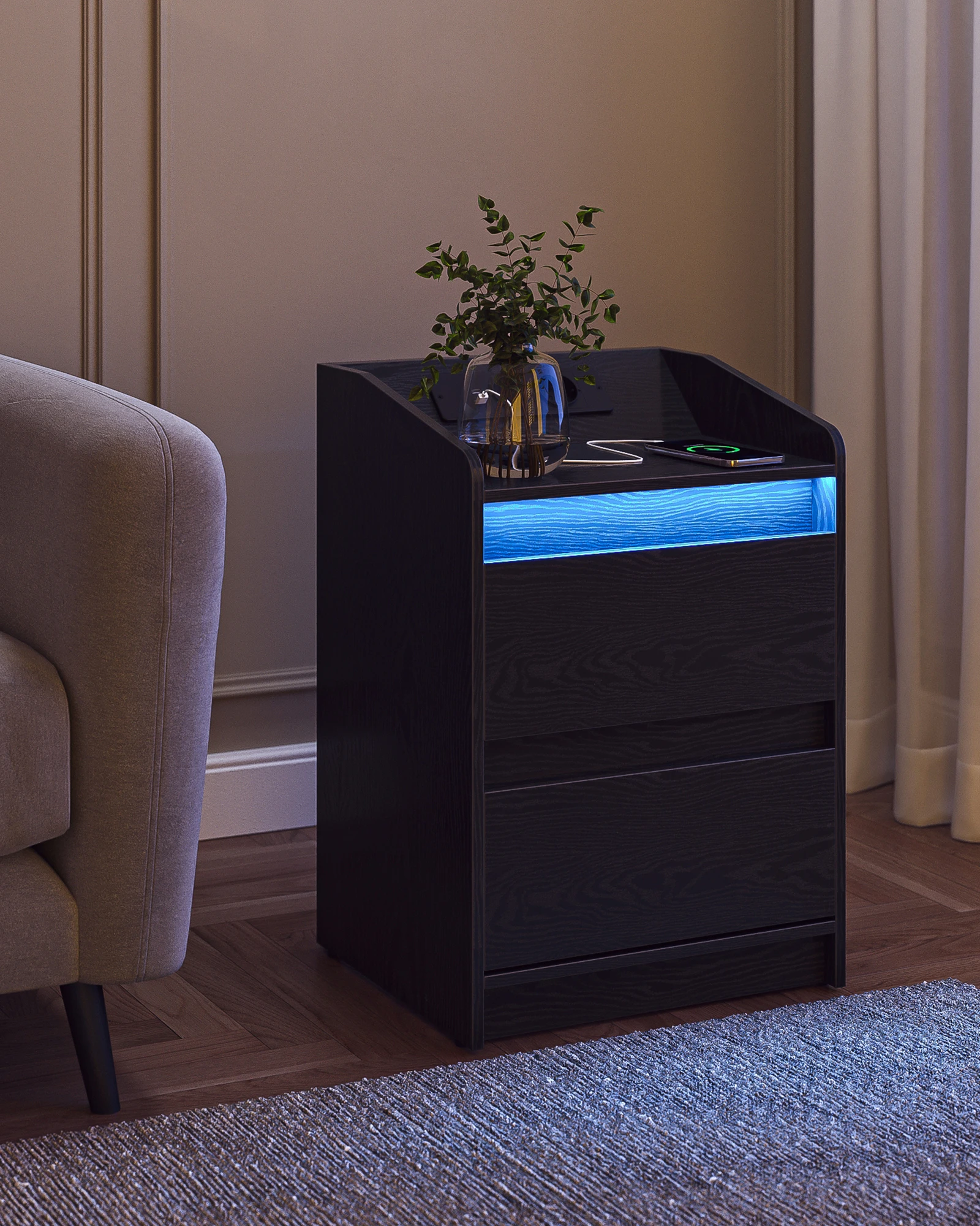 طاولة جانبية للسرير مع درجين، طاولة جانبية، أنيقة ومتعددة الاستخدامات، مثالية لغرفة المعيشة وغرفة النوم #3