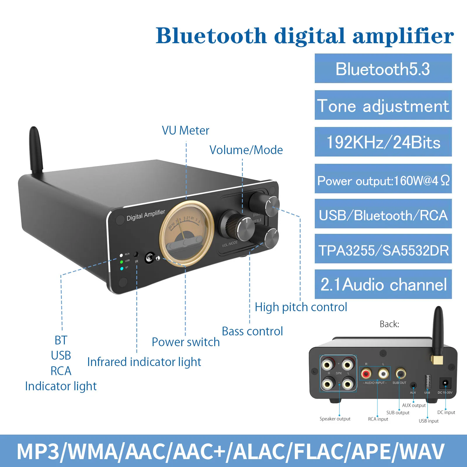 HiFi Bluetooth 2.1ch Digital Amplifier, TPA3255 350W and SA5532DR chip supports Bluetooth 5.3, RCA, USB input and Speaker, AUX,