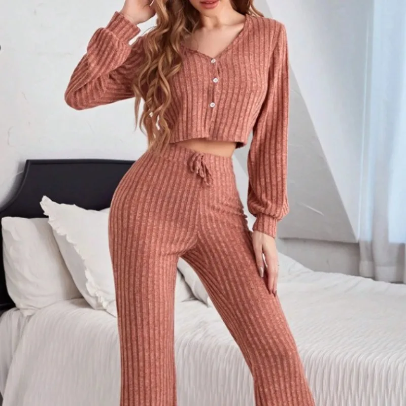 

2pcs Set Solid Color Women's Pajama Set, Casual Buttoned Long-sleeved Trousers Home Wear, Can Be Worn Outside Home Wear