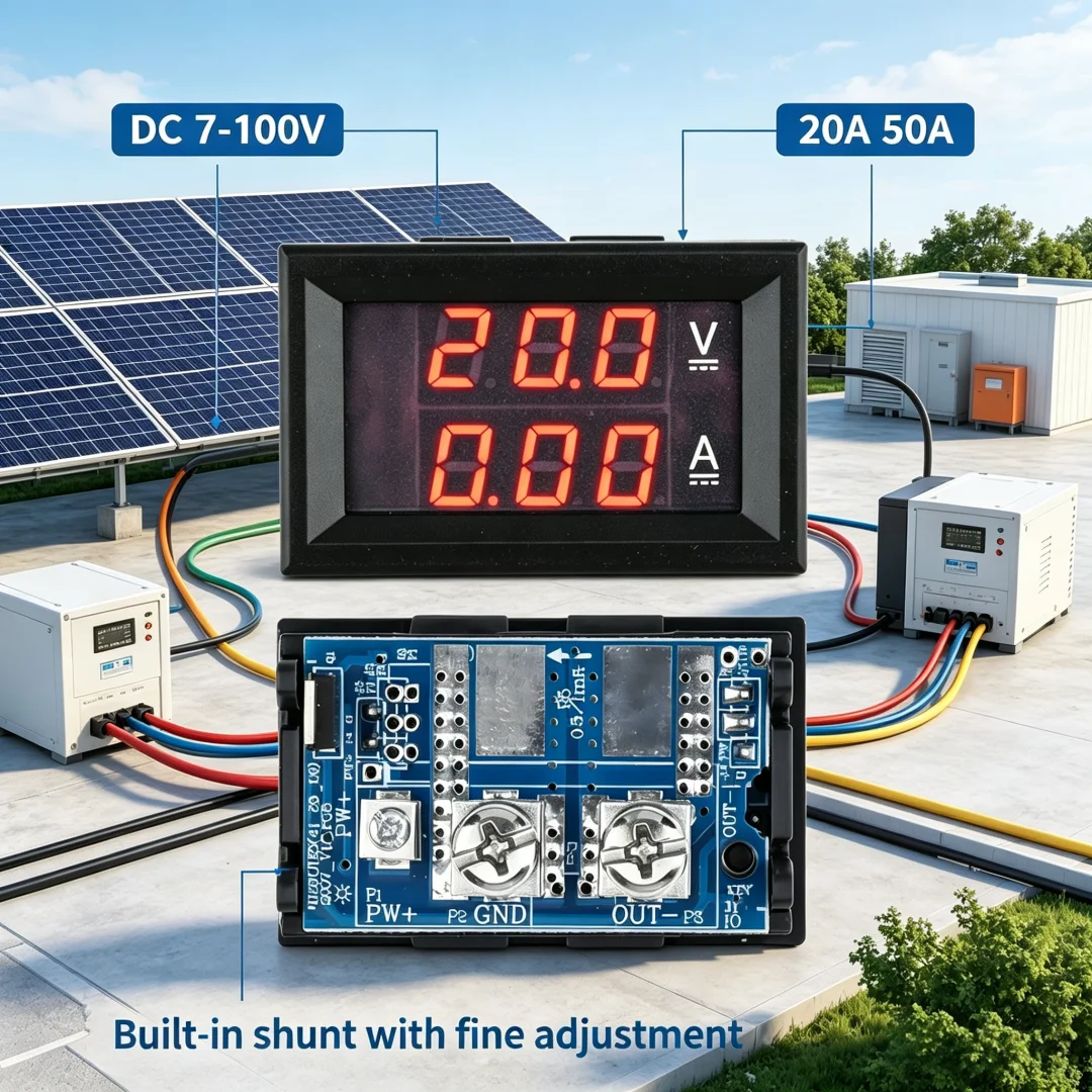 Built-in Shunt Digital Voltmeter Ammeter 20A/50A DC7-100V Volt Amp Meter 0.28 Inch Dual LED Display Panel Voltage Current Tester