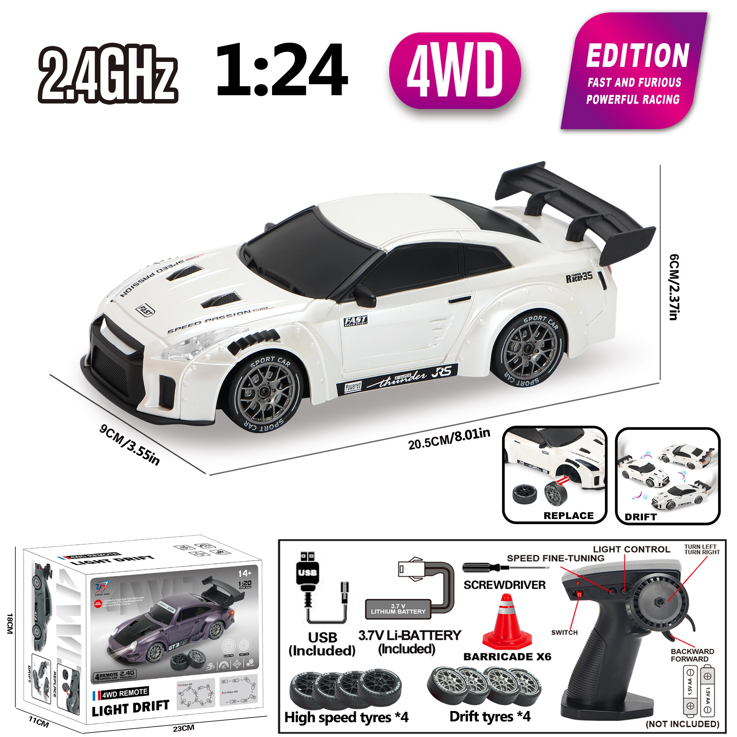 

1:24 4WD RC Drift Car Remote Control Racing Model 2.4G High Speed Vehicle with Drift & Racing Tires Replaceable Boys Toys Gift