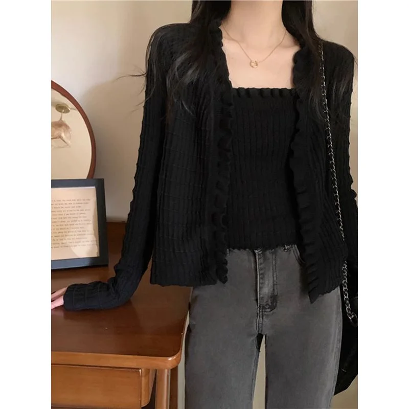Women's Spring Autumn New Black Ear-Ear-Knitted Cardigan with Two-Piece Long-Sleeve Short Top