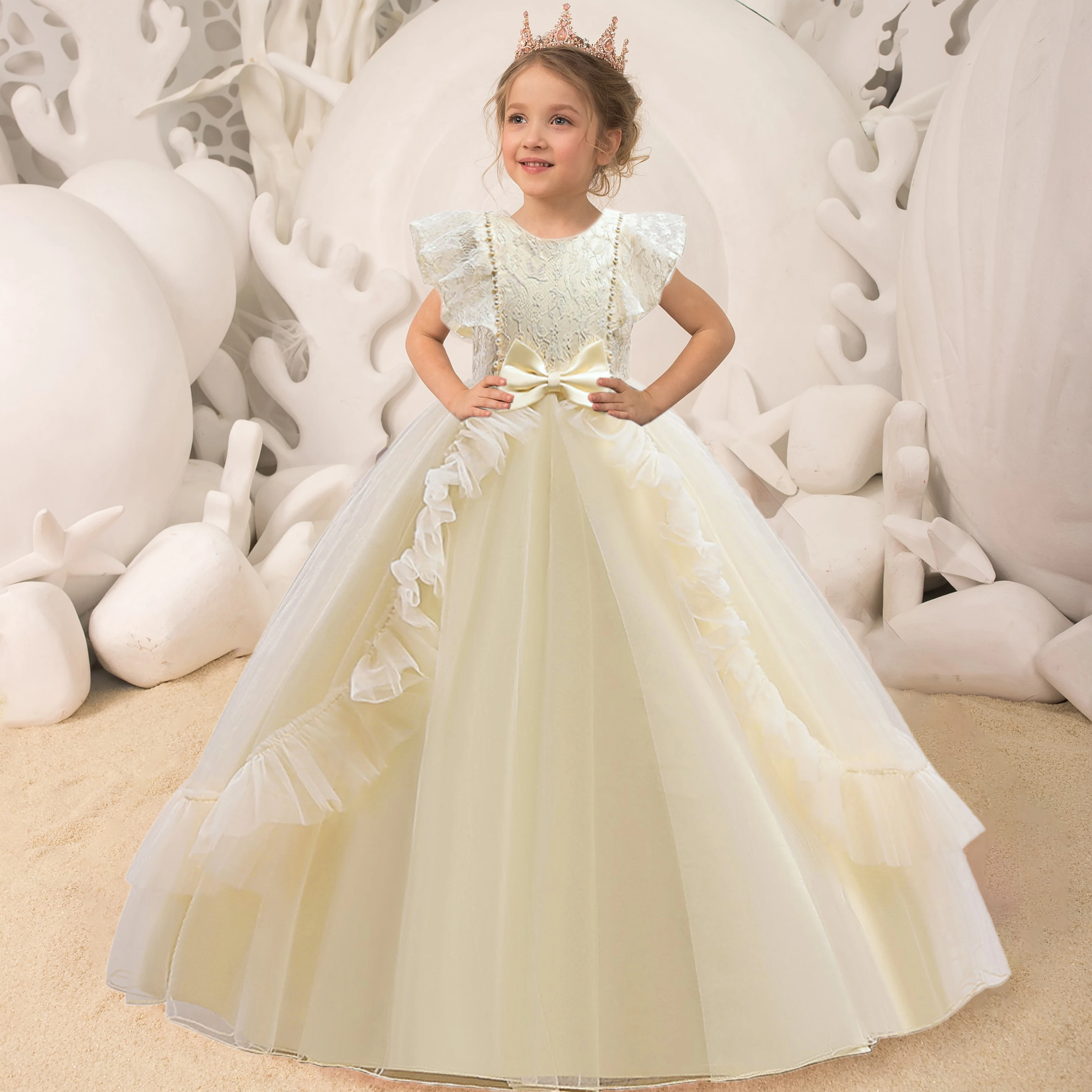 Summer Bridesmaid Party Girls Princess Dresses Elegant Tulle White Wedding Prom Flower Kids Dress for Girl First Communion Gown