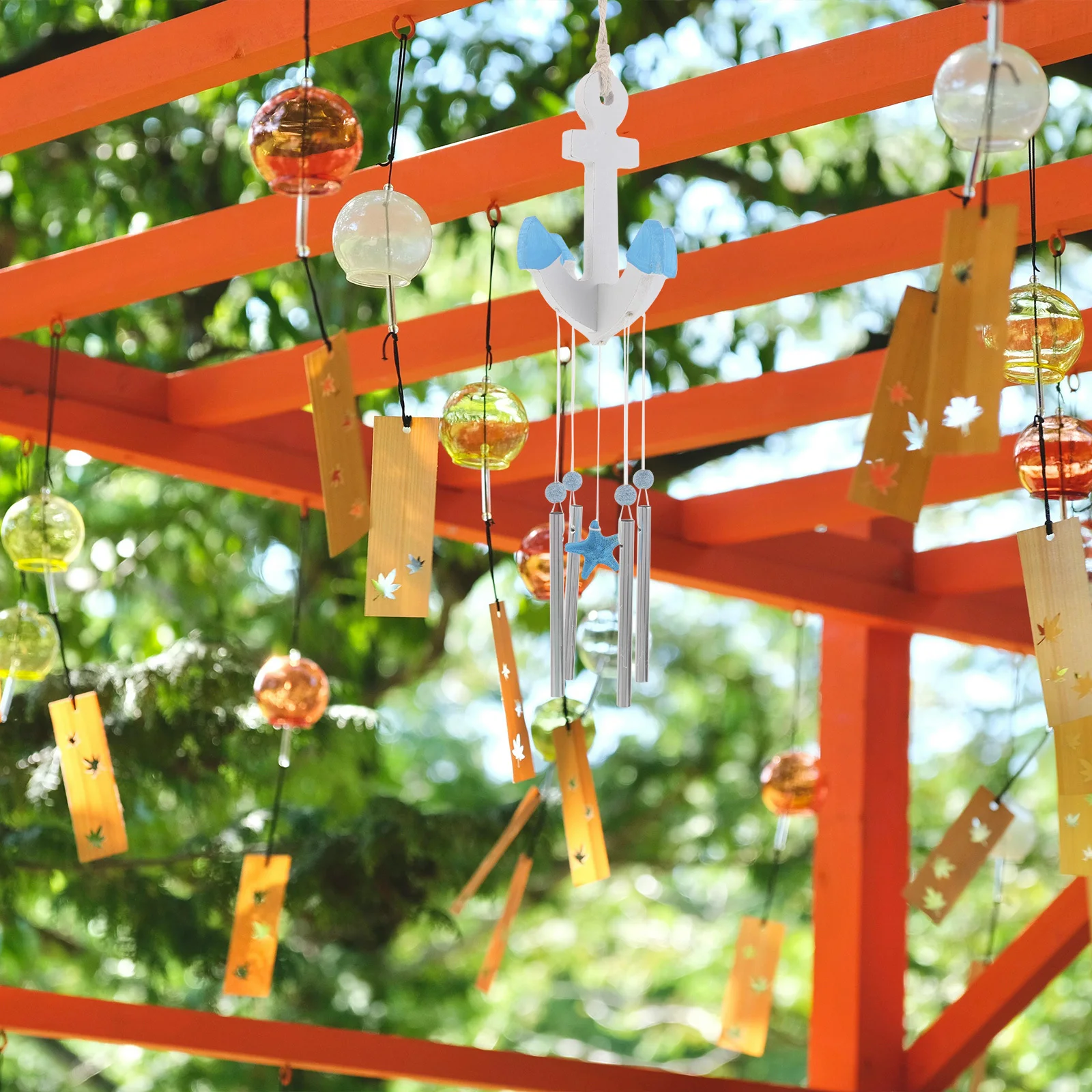 

Nautical Wooden Anchor Wind Chimes Metal Tubes Outdoor Coastal Wall Decor Easy Installation Soothing Sound Wind Chimes