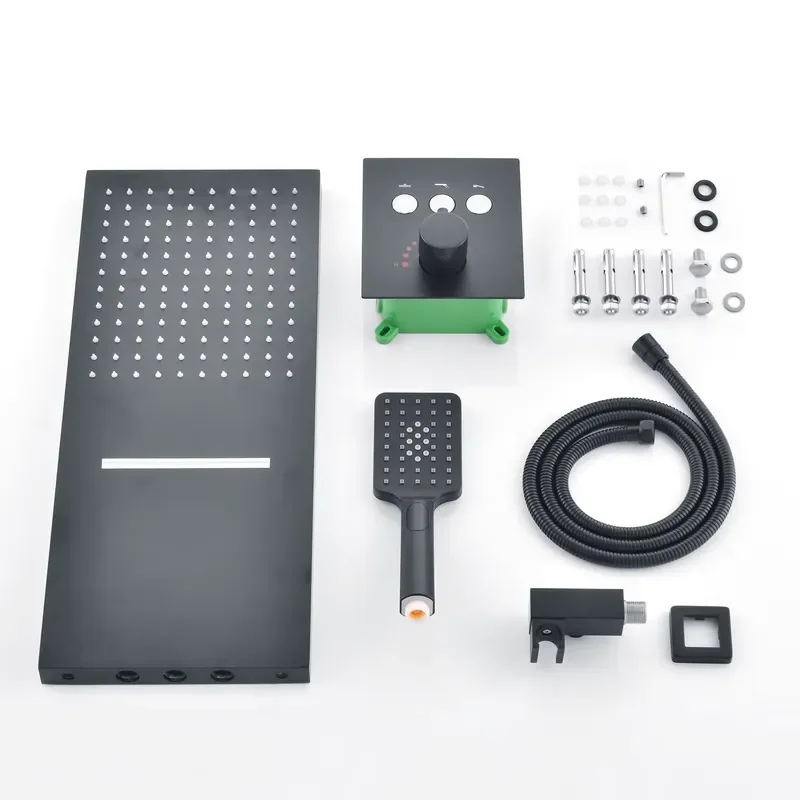 22'' Black Shower Waterfall Massage Rain Shower Faucet Thermostatic Button 3 Ways Mixer New view 6