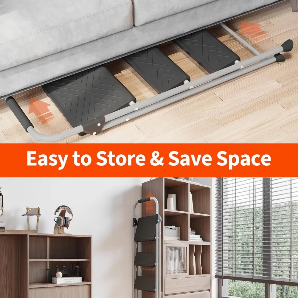 سلم قابل للطي بثلاث خطوات مع دواسة مضادة للانزلاق، مقعد فولاذي بسعة 900 رطل لسلامة المكاتب المنزلية