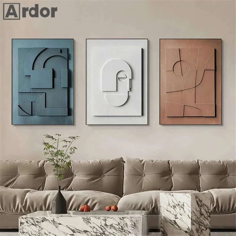 Abstract 3D Effect Geometric Canvas Painting Nordic Wall Poster Print Blue Brown White Pictures Living Room Interior Home Decor