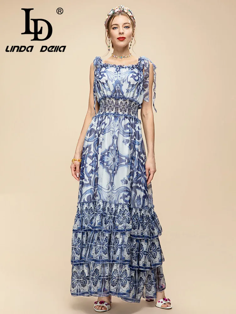 

LD LINDA DELLA Summer New Style Runway Designer Vintage Dress Women's Sleeveless Print Elastic Waist Cascading Ruffle Long Dress