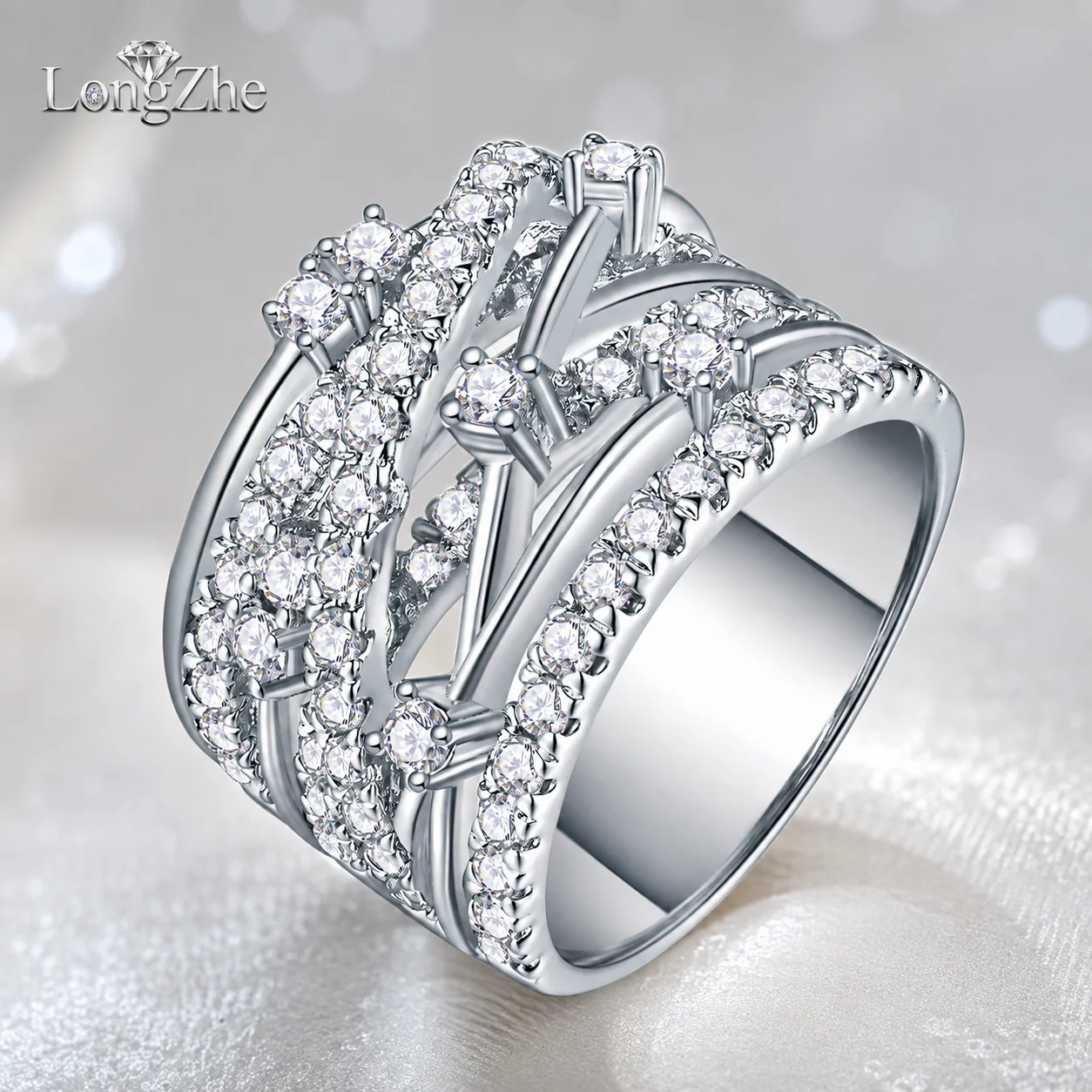 Moissanite Wide Band Ring for Women S925 Sterling Silver 69-Stone Crossover Statement Cocktail Ring D Color VVS1 GRA Certified