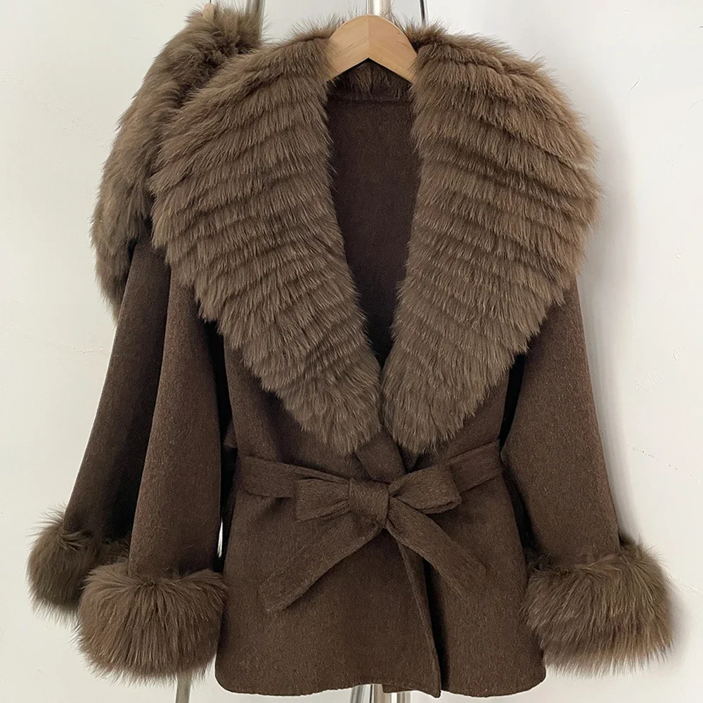 OFTBUY Neuer Damen Kurzmantel aus 100% Wolle Luxuriöse Winteroberbekleidung Übergroßer Echter Fuchspelzkragen Gürtel-Wickeljacke für Damen – Detail 6
