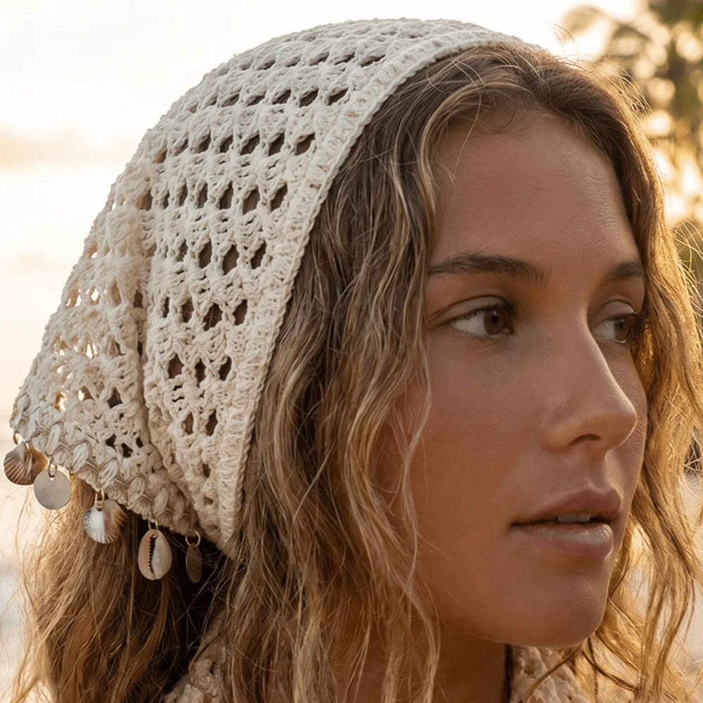 Seashell Tassel Triangle Scarf Headband Forest Style Ethnic Crochet Head Wrap Elegant Light Luxury Hollow Out Headscarf Travel