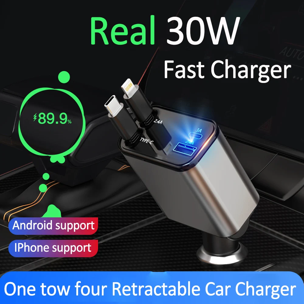 

120W Retractable Car Charger, 4 in 1 Fast Charge Car Phone Charger Adapter, Retractable Cables(2.6ft) USB-C and 2 USB Ports