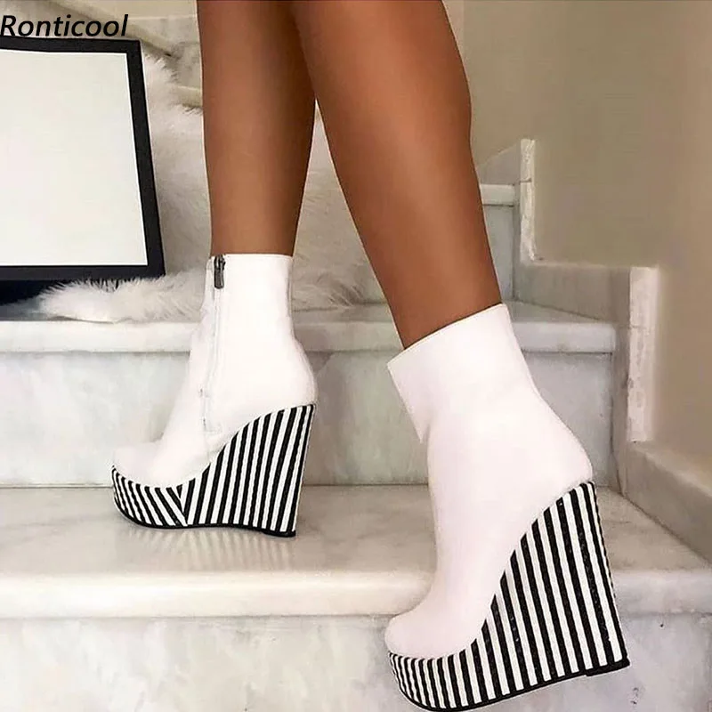 

Ronticool Women Winter Ankle Boots Patent Wedges High Heels Round Toe Black White Striped Casual Shoes Ladies Plus US Size 5-20