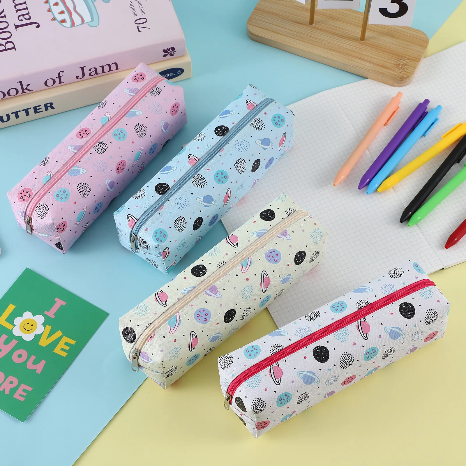 Planets Pattern Pencil Case Storage Bag Makeup Pen Pouch Portable Cosmetic Clutch School Stationery Organizer Supplies Gift