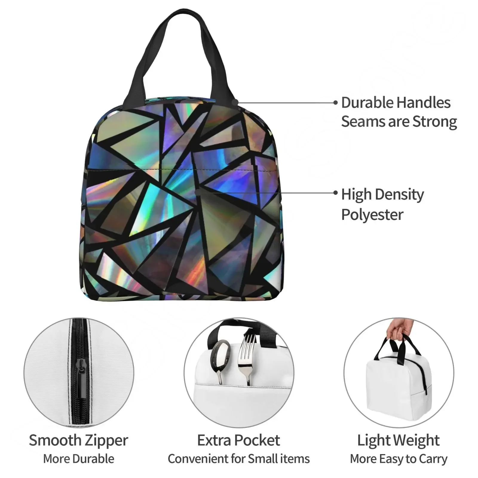 Lines Green Iridescent Holographic Triangles on Black Abstract Futuristic Pattern Blue Crystal Glam Insulated Lunch Bento Bag