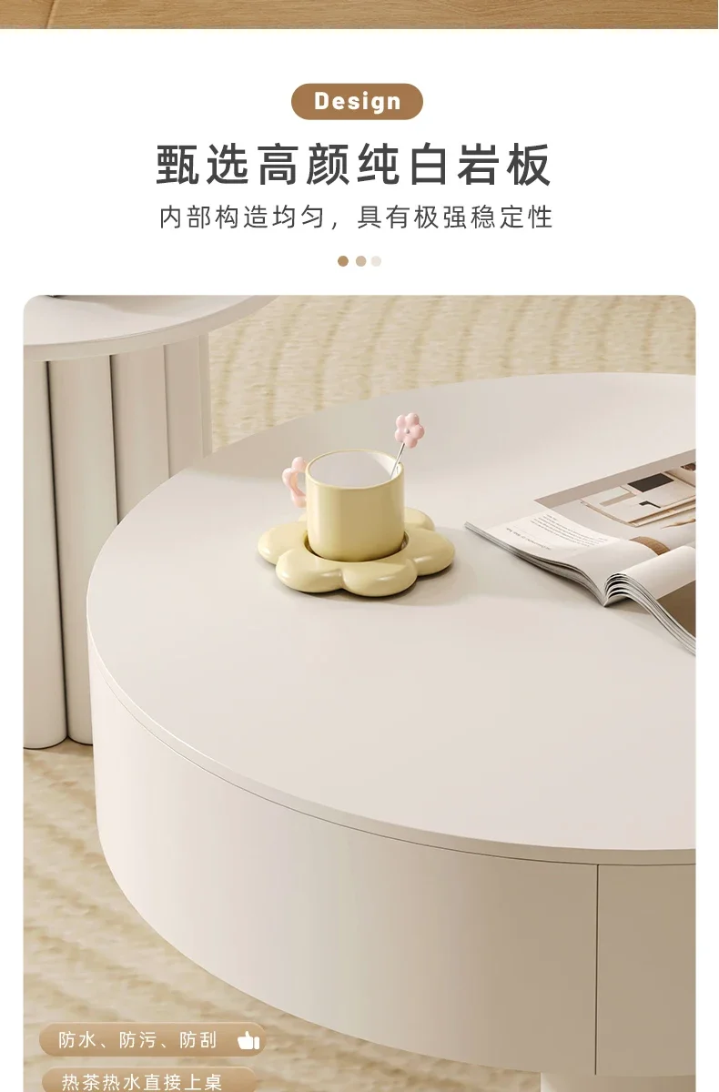 طاولة قهوة على الطراز الفرنسي الكريمي، غرفة معيشة بسيطة وحديثة، طاولة قهوة مستديرة من بلاطة الصخور #5