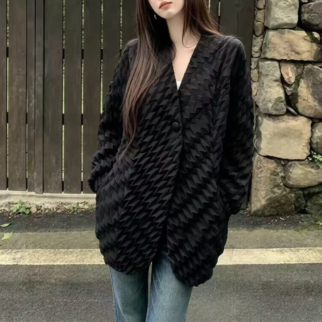 YUDX Miyake Pleated Textured Cardigan Women Solid V-Neck Long Sleeve One Button Loose 2026 Autumn Winter Jacket Cozy Warm Chic
