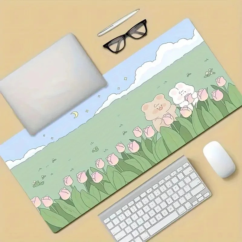 Cute Bear Tulip Field Extended Mouse Pad Non-Slip Rubber Large Desk Mat for Keyboard Office
