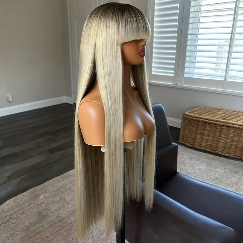 Ombre Platinum Blonde Highlights Synthetic Lace Front Wig with Bangs 30 Inch Super Long Straight Wig 180% Density Wig for Women