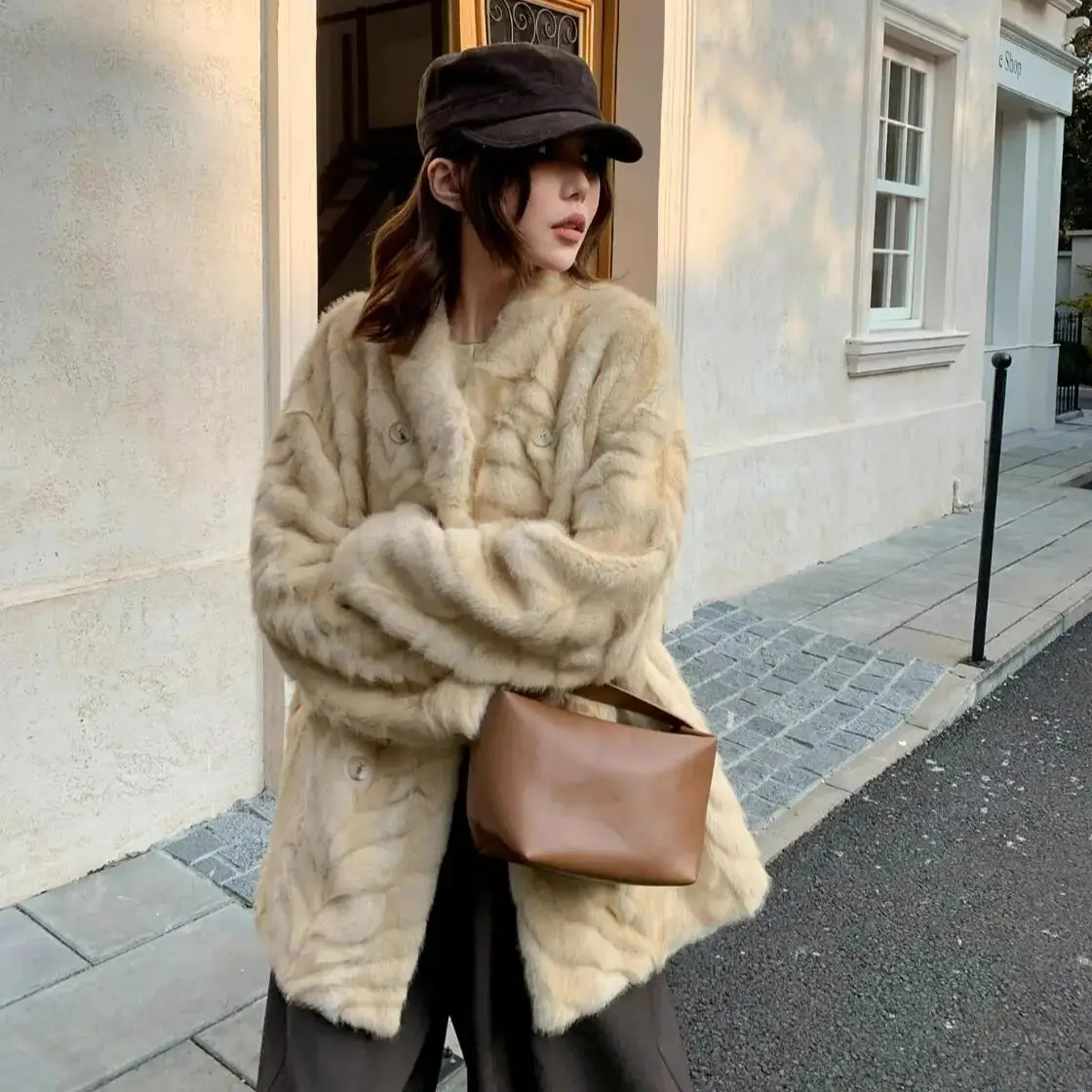 Nowy zimowy płaszcz z imitacji futra norek z wzorem falowym, elegancki, damski, dwurzędowy, zapinany na guziki, z długim rękawem, średniej długości, ciepły.