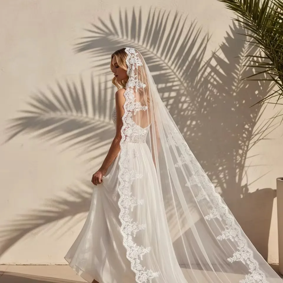 Mantilla Full Lace Veil Long Wedding Bridal Veils Appiques Edge 1 T Tulle Cathedral Veil with Hidden Comb Velo De Novia Voile