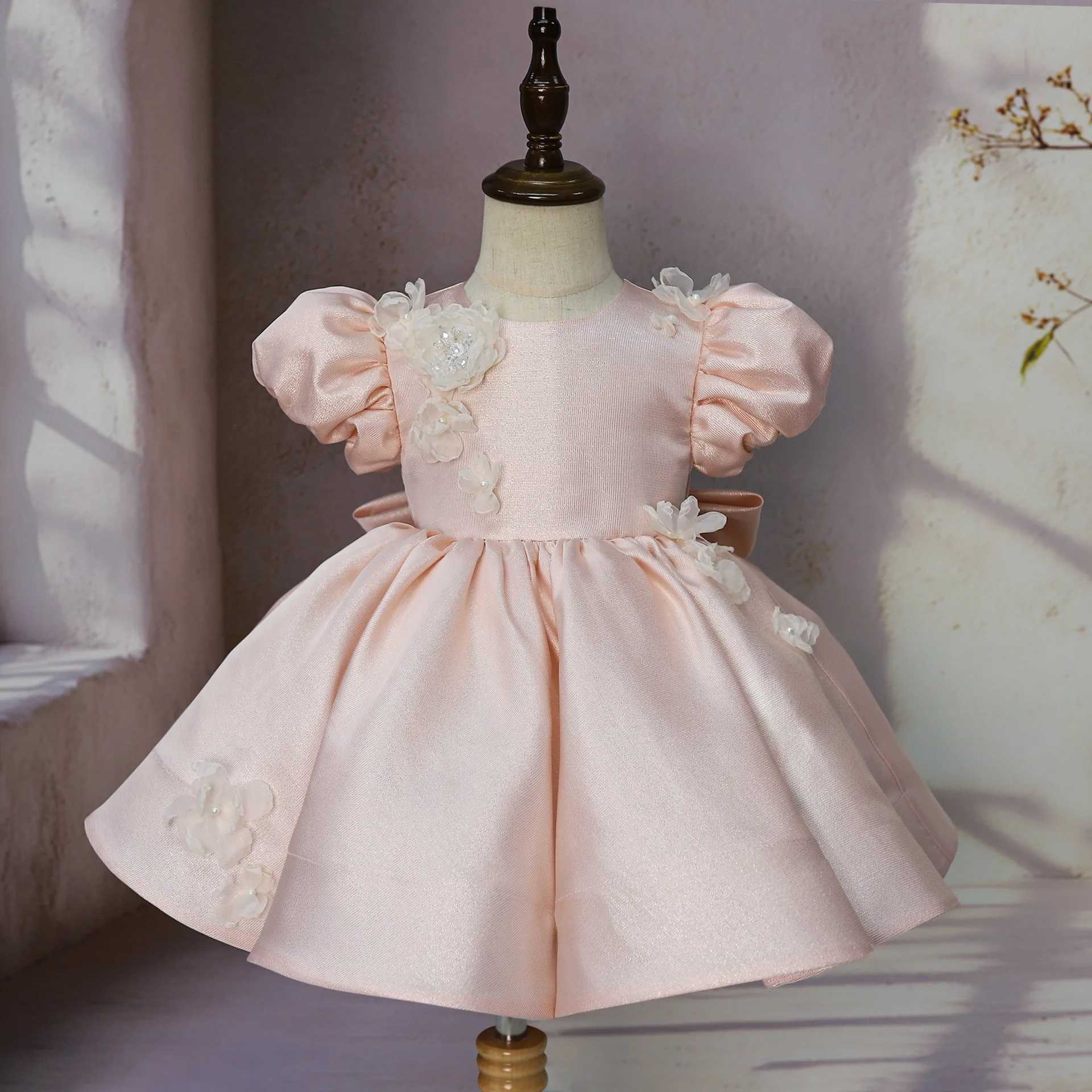 Lovely Kids Summer Flower Girl Dress Pink Satin Host Performance Outfit Toddler for Girls Princess Bow Wedding Ball Gowns