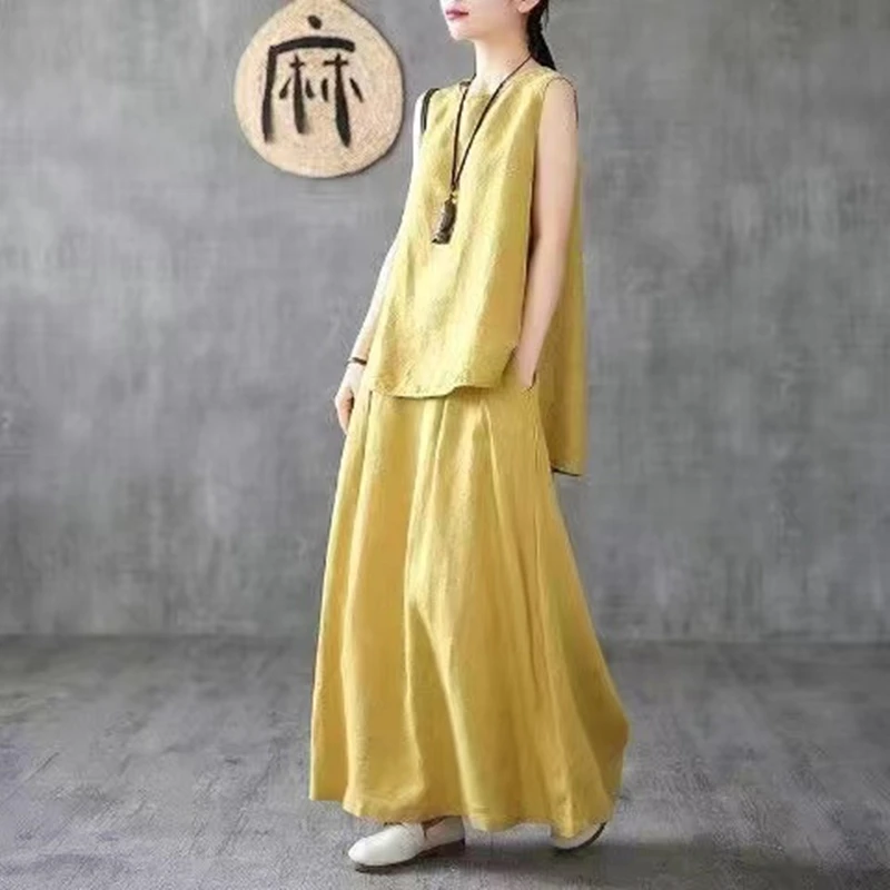 Spring Summer Women Cotton Linen Set Casual Sleeveless O-neck Shirt Two-piece Loose Suit Retro Chinese Style Clothes Female