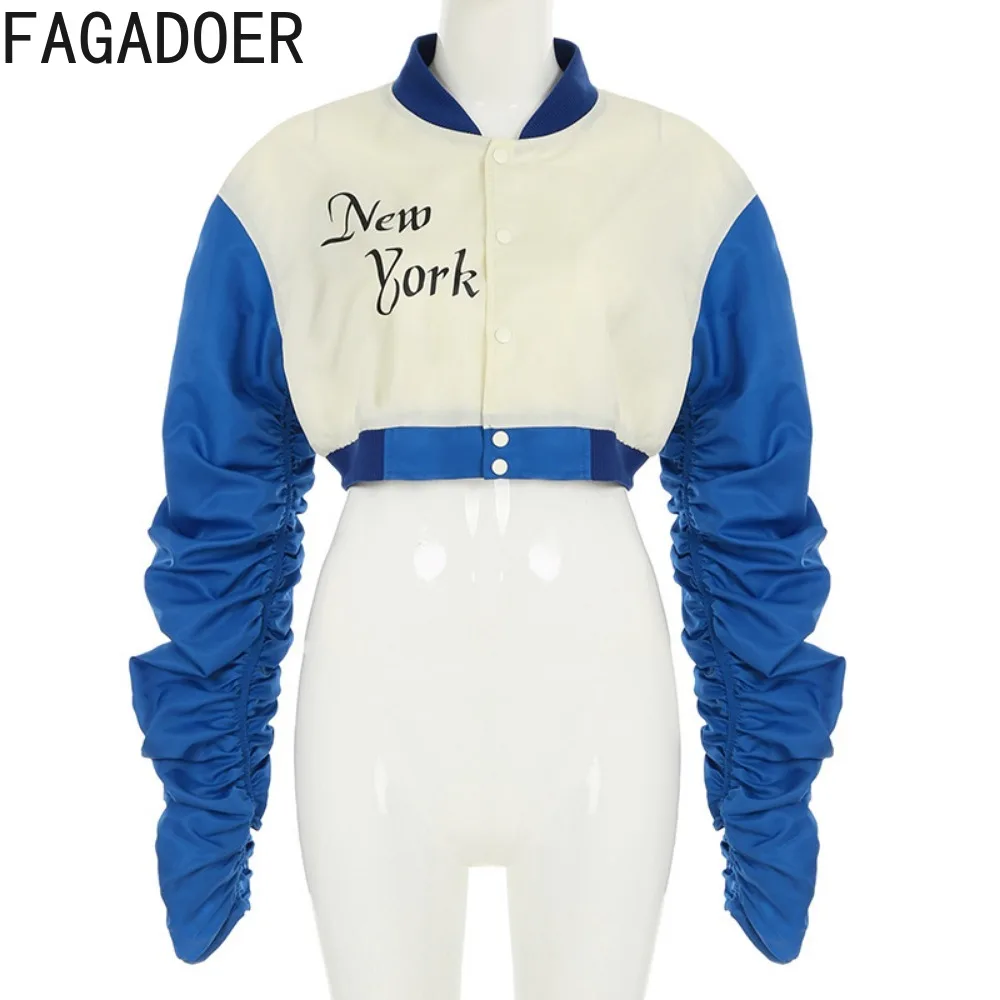 FAGADOER Letter Print Baseball Jacket Coat Women Preppy Style Letter Buttons Stacked Sleeve Crop Coats Fashion Y2K Streetwear