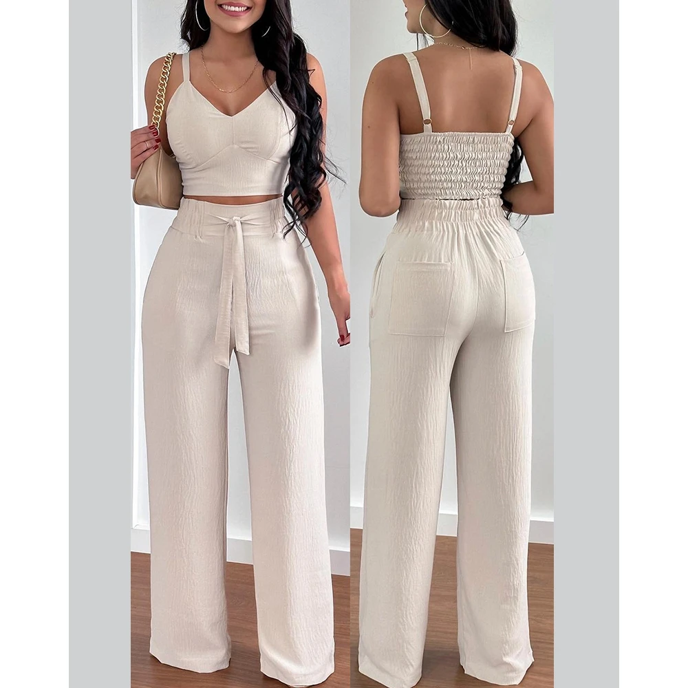 Summer Women Shirred Sleeveles Crop Top & High Waist Pants Set Femme Casual Vacation Two Pieces Suit Set Outfits Woman Clothes