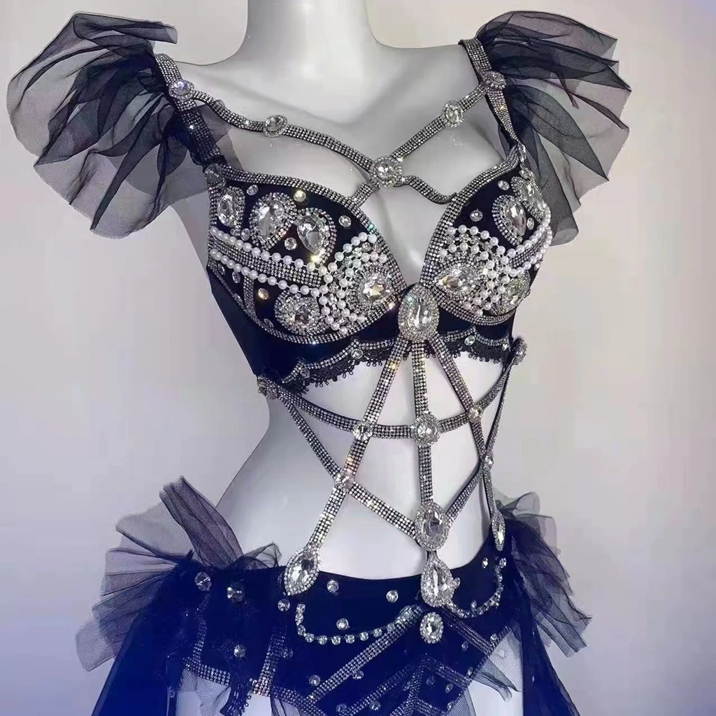 Sexy White Shiny Rhinestones Bikini Bodysuit Female Singer Stage Outfit Nightclub Bar Dancing Costume Club Party Show Clothing