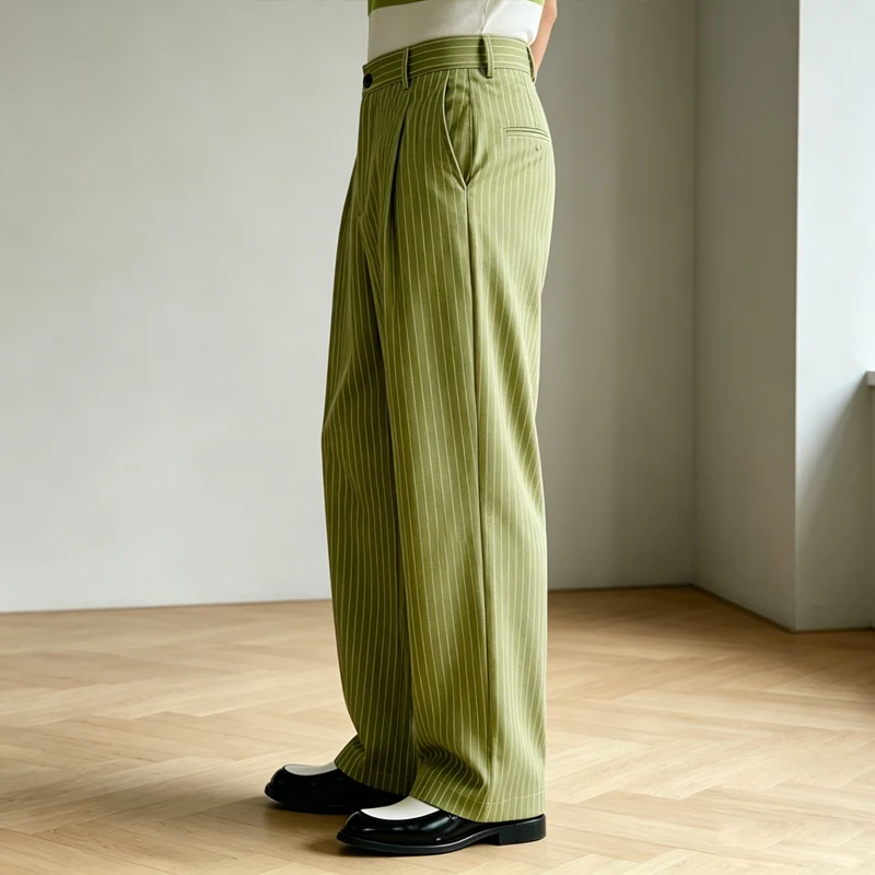 Vintage Men Thin Striped Suit Trousers High Waist Pleated Wide Leg Pants Loose Straight Slacks Business Casual Office Wedding
