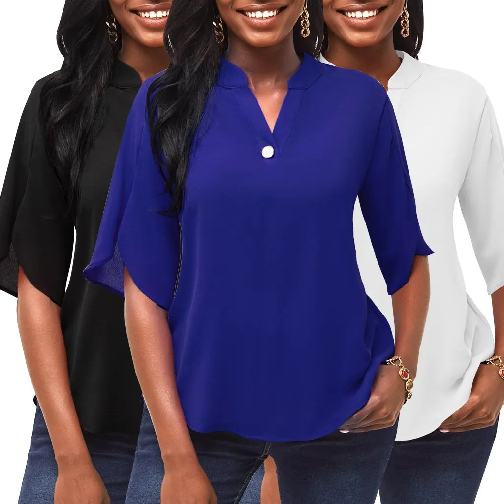 レディース Vネックボタン付きトップス カジュアルファッション 無地 SMR11195 新作 欧米風