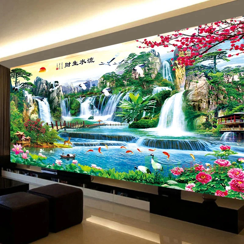 Rising Sun Cliff Mountain Landscape 5D Diy Diamond Painting Peacock Waterfall River Diamond Mosaic Full Rhinestone Cross Stitch