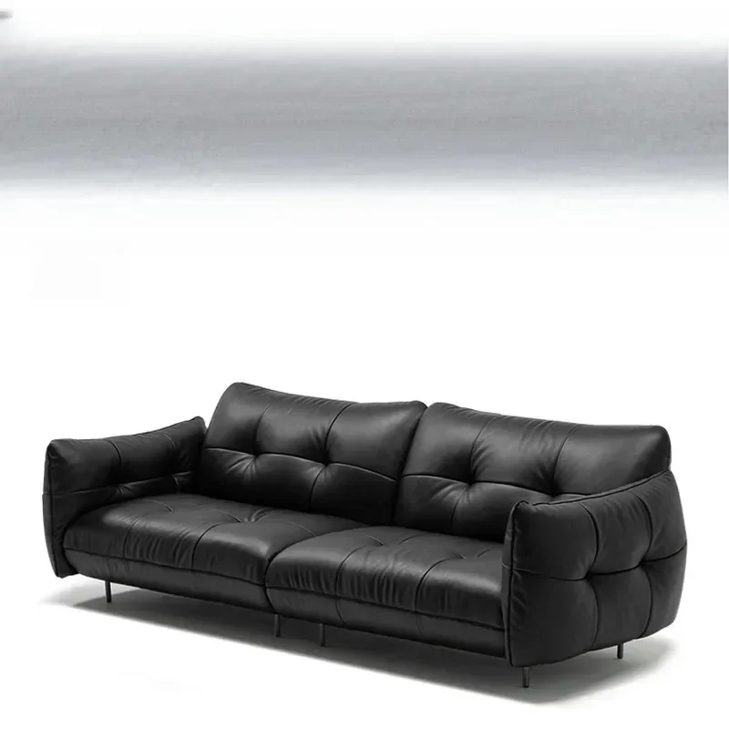 

Sofa French horizontal hall retro leather sofa living room three people medieval black leather light luxury