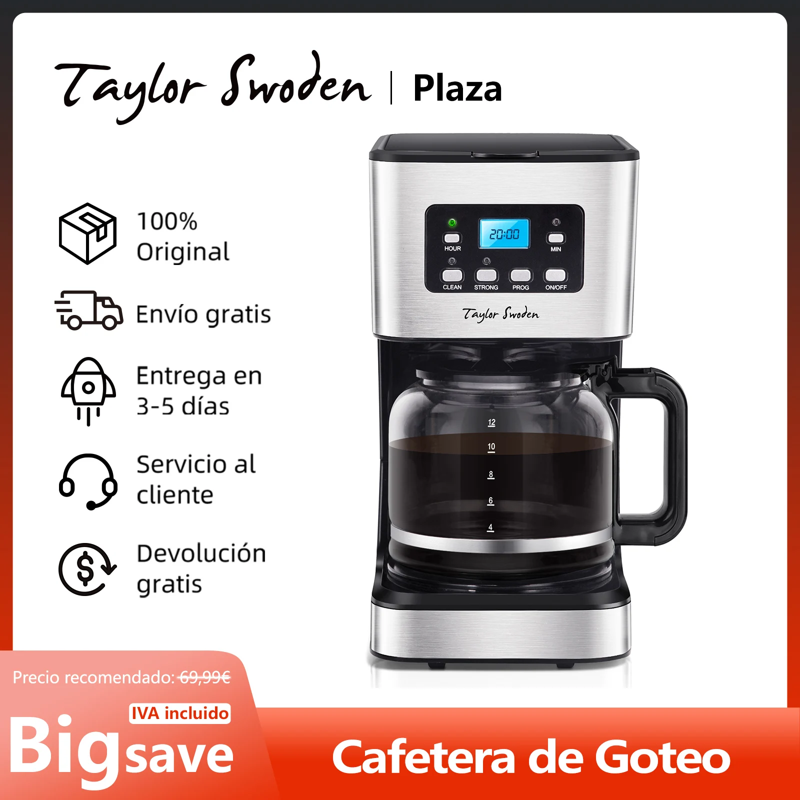 Cafetera de Goteo Eléctrica, con Filtro Reutilizable, Pantalla LCD, Programable 24 Horas, Auto Limpieza (Descalcificación), Capacidad 12 Tazas,